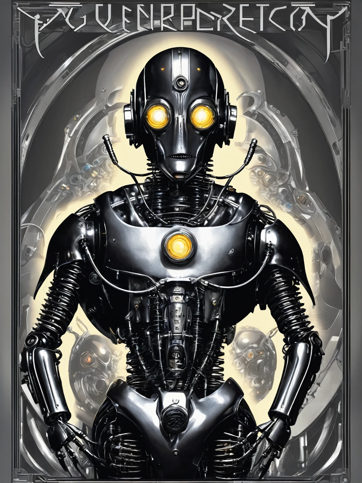 Cybernetic Revolutionaries, european male, magazine cover, poster art , Lovecraftian horror robot, bold huge text, matted design layout, strong, bold inking techniques, Metallic Silver and Gunmetal Gray: These colors are often used to represent the metallic components of cyborgs, giving them a sleek and futuristic appearance.