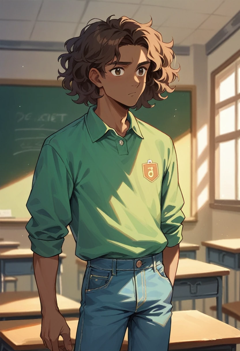 ((best qualityer)), ((work of art)), (detailded), 1 dark-skinned boy, short wavy hair, ssmile, brown dark eyes, green sweatshirt and jeans in a setting reminiscent of a classroom