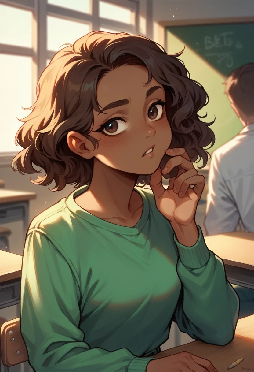 ((best qualityer)), ((work of art)), (detailded), 1 dark-skinned boy, short wavy hair, ssmile, brown dark eyes, green sweatshirt and jeans in a setting reminiscent of a classroom 