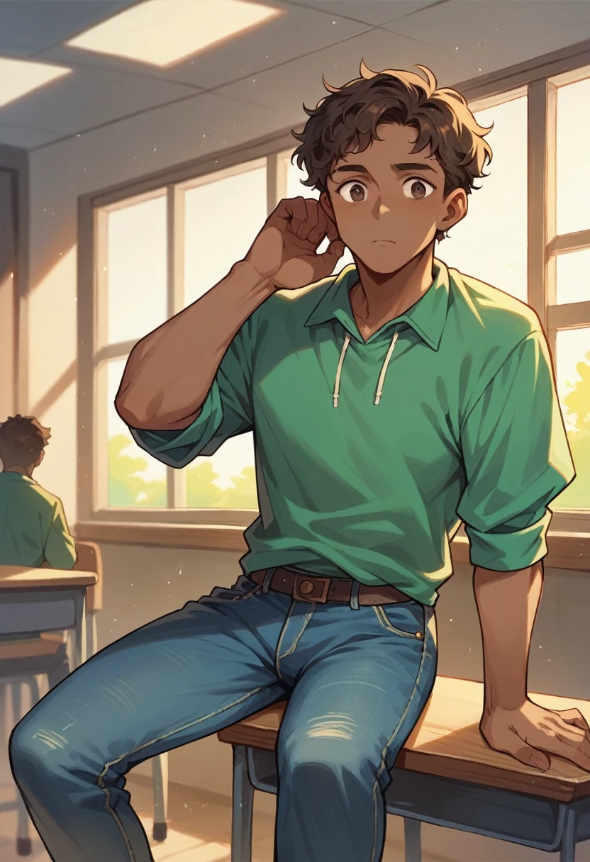 ((best qualityer)), ((work of art)), (detailded), 1 dark-skinned boy, short wavy hair, ssmile, brown dark eyes, green sweatshirt and jeans in a setting reminiscent of a classroom
