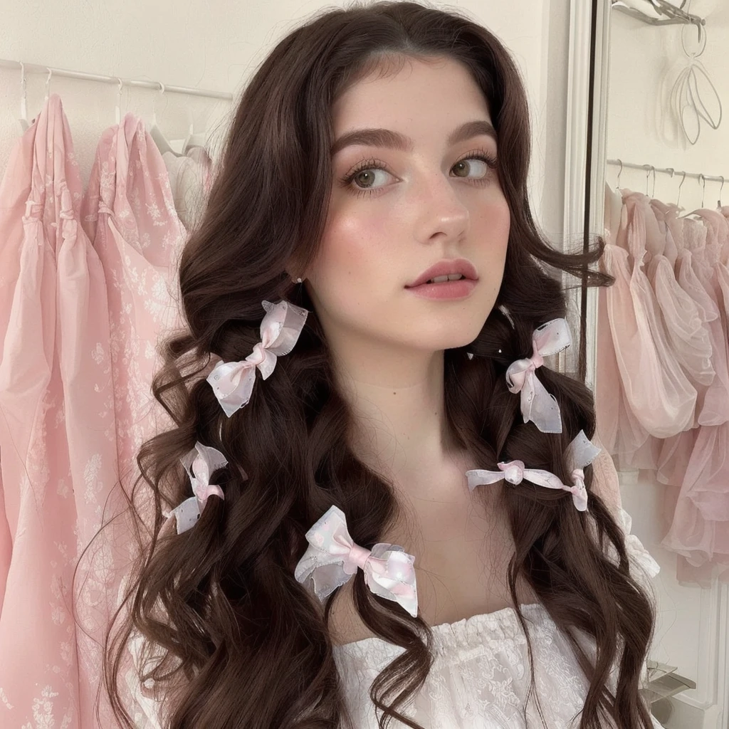 there is a woman with long hair and a white dress, wearing a pink hair bow, ribbon in her hair, pigtails hairstyle, with long curly hair, giant pink curls, beautiful dolphin, Anna Nikonova aka Newmilky, using hair bow, cute aesthetic with flutter, with long curly, curtain bangs, two pigtails hairstyle, Kailee Mandel