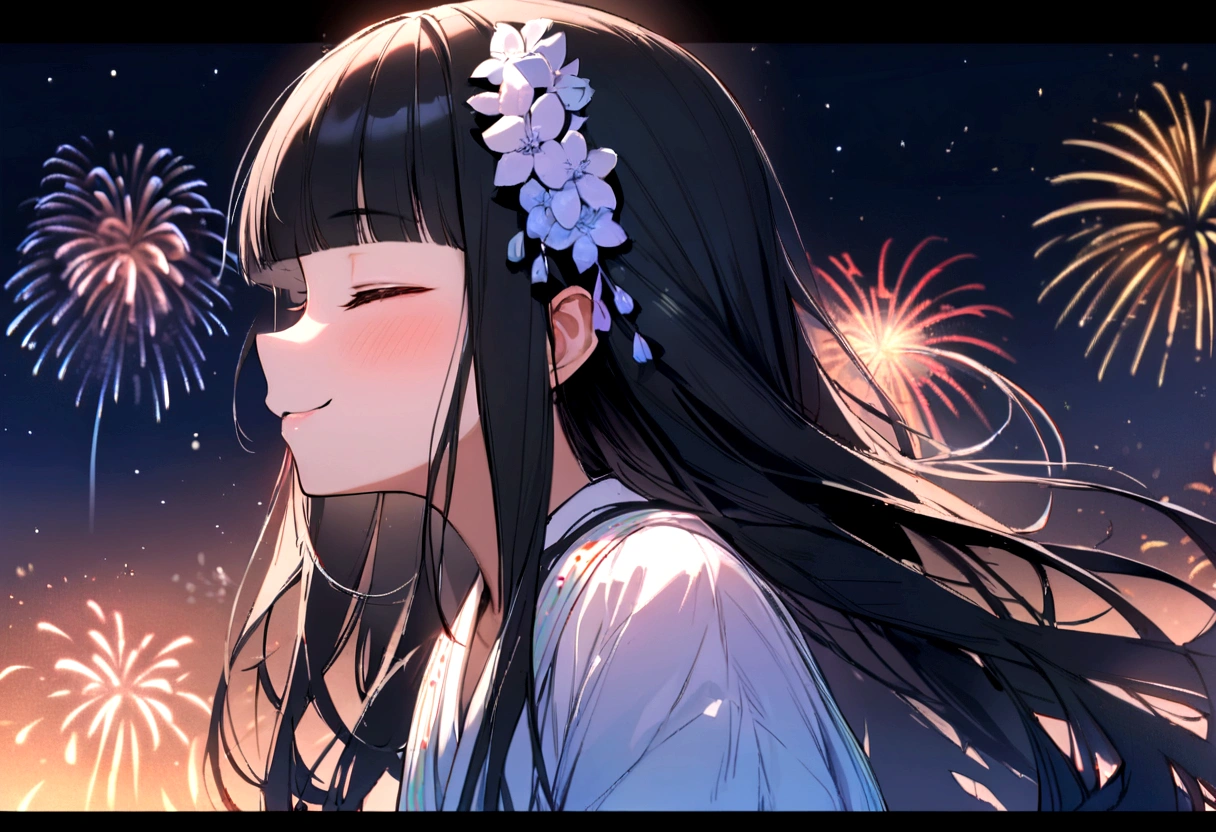 panoramic, (many:1.4 detailed beautiful fireworks) (background summer night sky, many fireworks and Particles of light), ((profile solo)) (15 yo, blunt bangs black hair long hair cute shrine maiden girl, lovely closed eyes, ecstasy smile), break, in the fireworks festival field, BREAK, perfect anatomy, masterpiece, best quality, 16k, beautiful detailed grow, daydreaming expression.