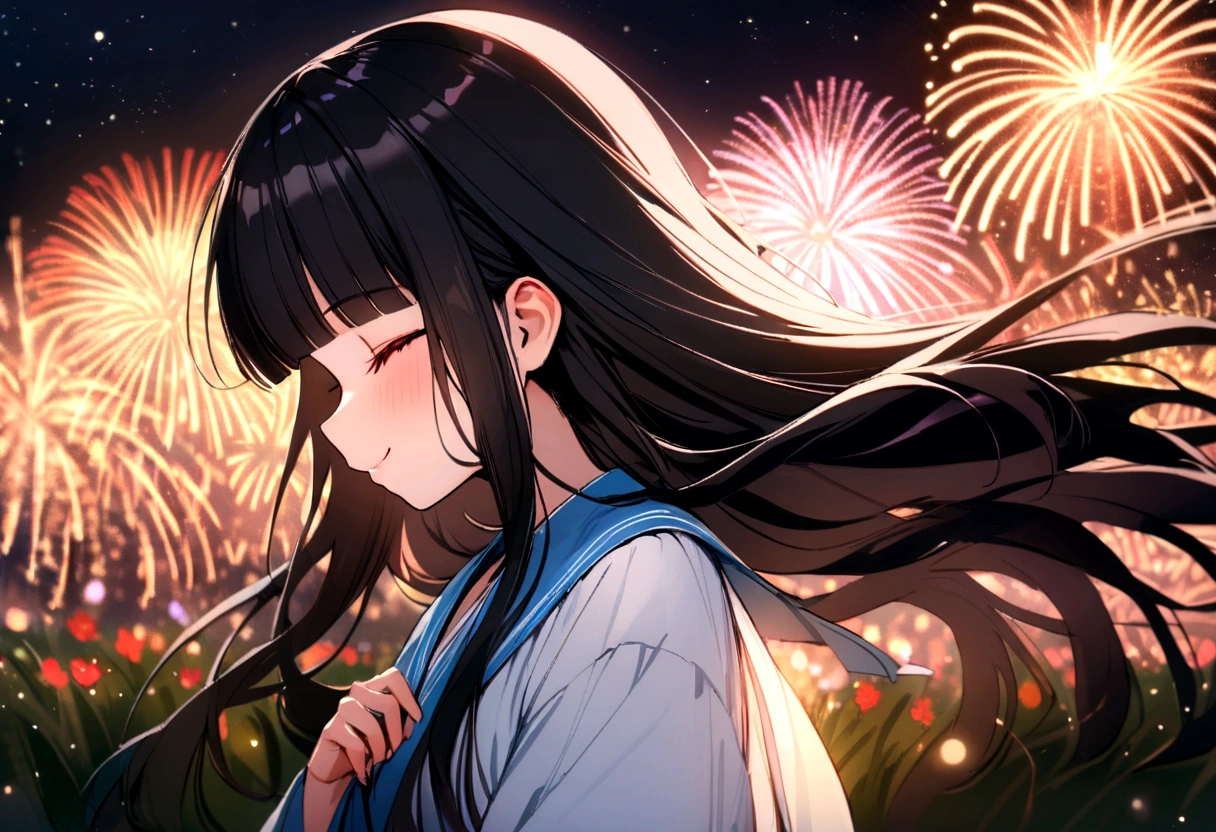 panoramic, (many:1.4 detailed beautiful fireworks) (background summer night sky, many fireworks and Particles of light), ((profile solo)) (15 yo, blunt bangs black hair long hair cute shrine maiden girl, lovely closed eyes, ecstasy smile), break, in the fireworks festival field, BREAK, perfect anatomy, masterpiece, best quality, 16k, beautiful detailed grow, daydreaming expression.