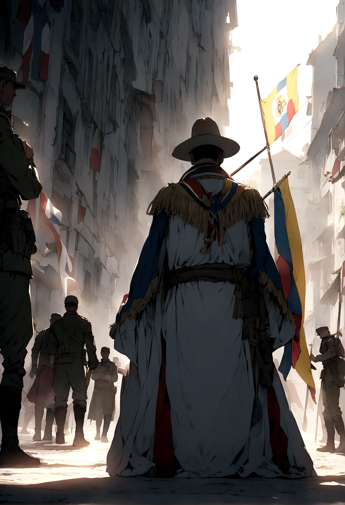 Archangel blessing soldier while an Ecuadorian flag flies in the background