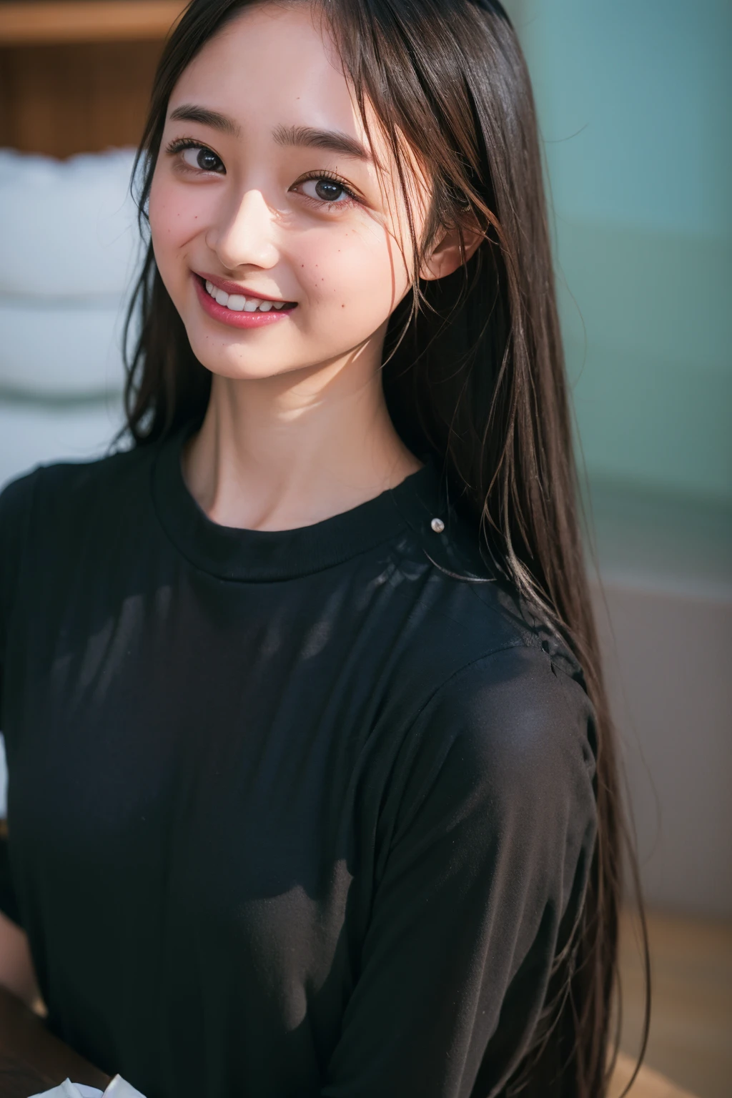 (((upper body shot))),Ultra-high resolution,big eyes,((brown eyes)),Japanese,(forehead),(a girl),(1 girl),((17 years old)),(cute),pretty,((facing at viewer)),arms behind back,grin,(((black shirt)))