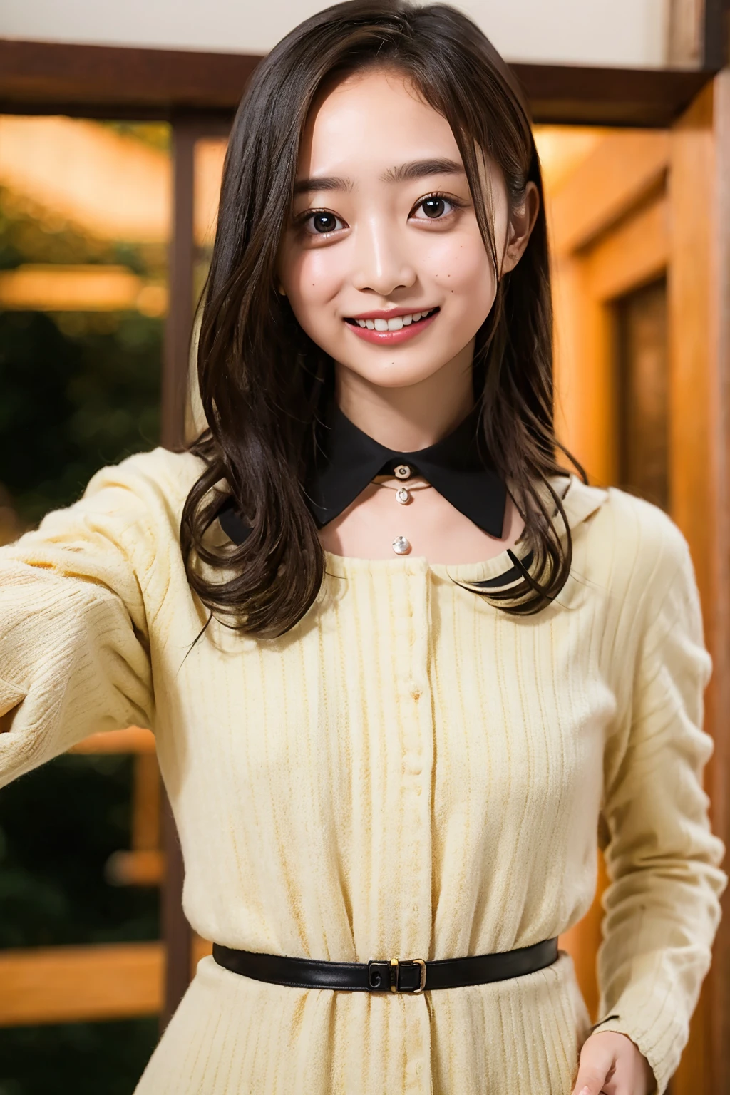(((upper body shot))),Ultra-high resolution,big eyes,((brown eyes)),Japanese,(forehead),(a girl),(1 girl),(()),(cute),pretty,((facing at viewer)),arms behind back,grin,(((black shirt)))