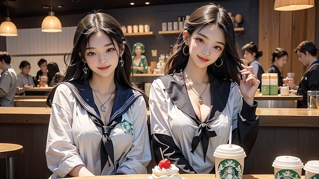 8K、RAW Photos、Highest quality、Super detailed、Super Resolution、Ultra HD、8K壁紙、Amazing details
(((Inside the Starbucks store、 high school girl in sailor suit)))、Eat cake、Drink coffee、smile、Heart Necklace((Emphasize cleavage))
(Full body photo)
