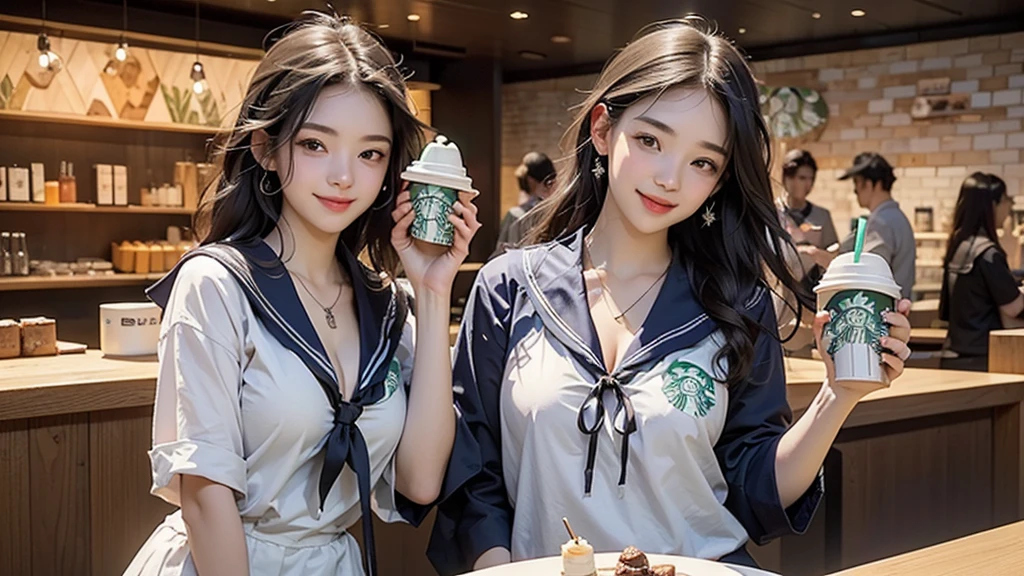 8K、RAW Photos、Highest quality、Super detailed、Super Resolution、Ultra HD、8K壁紙、Amazing details
(((Inside the Starbucks store、16 year old high school girl in sailor suit)))、Eat cake、Drink coffee、smile、Heart Necklace((Emphasize cleavage))
(Full body photo)