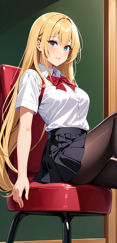 (masterpiece, best quality:1.2), 1girl, sitting in a chair, blonde, long hair, horny, anime school girl outfit,black skirt,black leggings, sexy pose, open legs