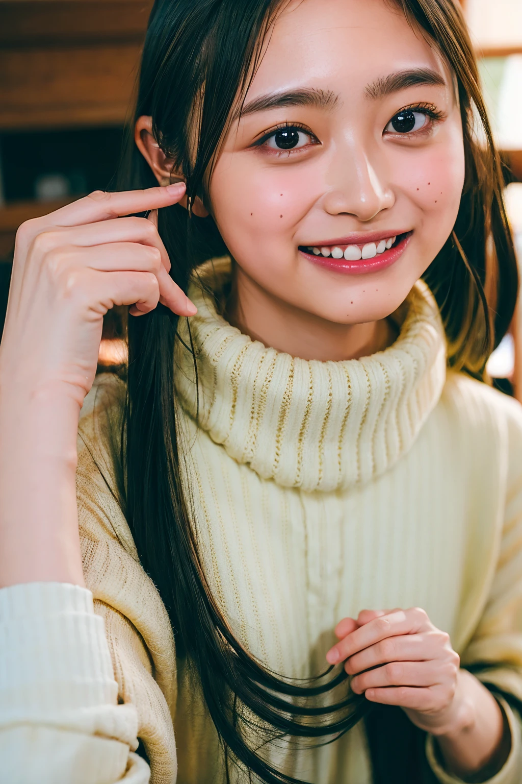 Ultra-high resolution,big eyes,((brown eyes)),Japanese,(forehead),(a girl),(1 girl),((17 years old)),(cute),pretty,((facing at viewer)),arms behind back,grin,(((black clothes)))