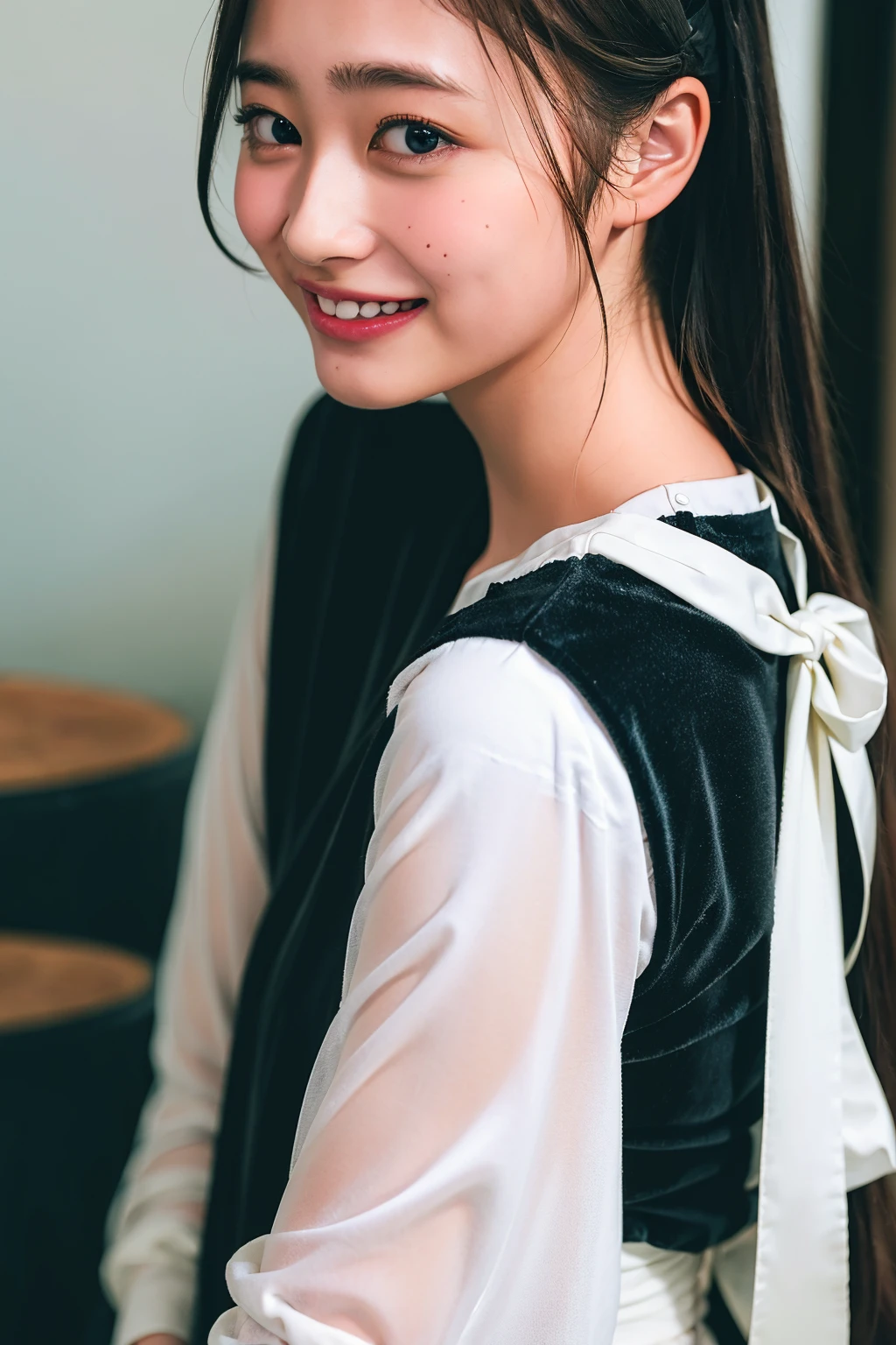 Ultra-high resolution,big eyes,((brown eyes)),Japanese,(forehead),(a girl),(1 girl),(()),(cute),pretty,((facing at viewer)),arms behind back,grin,(((black clothes)))