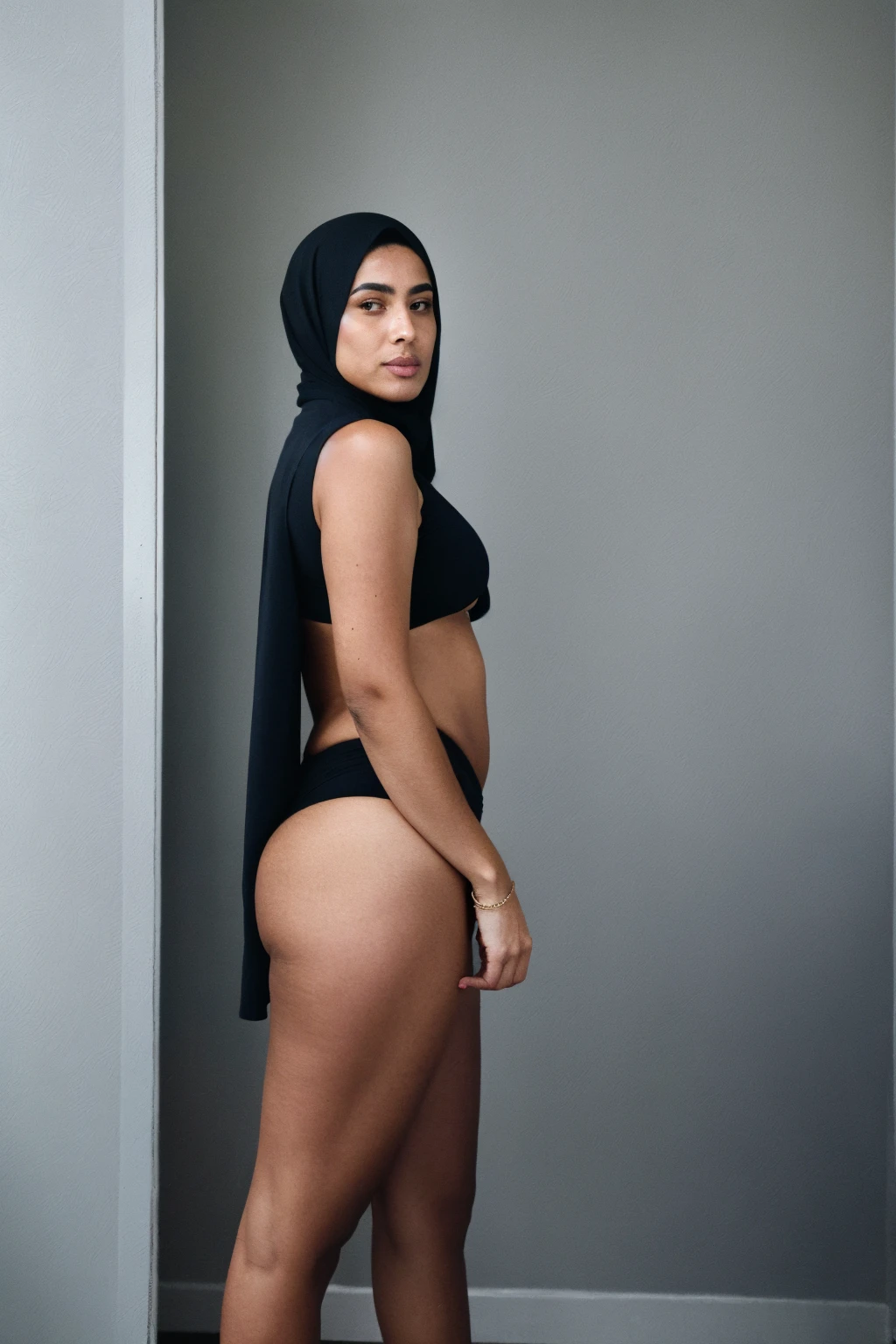 RAW photo,dark,moody,hazy atmosphere,35mm focal lenght,underexposed,cold,candid photograph,artistic,full body,photo of a beautiful,influencer,30yo Arab woman,hijab,detailed skin,naked, looking at viewer, chubby body structure,grey background,no background, candid pose,dim room,blue light, film grain, kodak color, instagram LUT