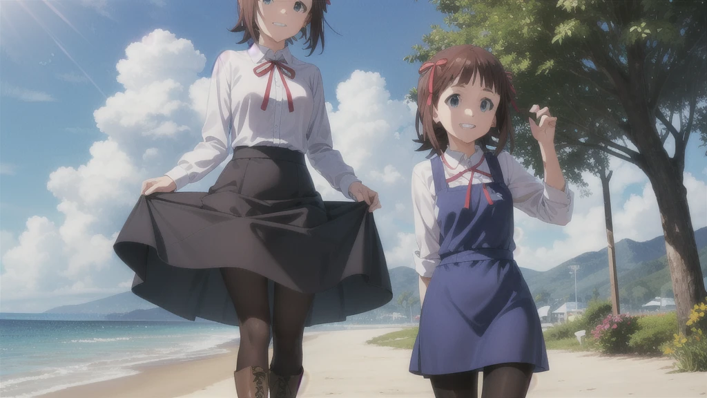 (((Pixel Perfect, Perfect in every detail))),alone,1人of女of子,Amami Haruka,red ribbons,View your viewers,smile,Happy,
Day,null,cumulus clouds,in spring,High resolution,colorful,Volumetric lighting,
depth_of_Field,alone_concentrated,depth of Field,Front view,whole body,
,skinny,thin,thin,(expensive:1.1),
,(blue dress),School_uniform,length_sleeve,shirt,dress,white_shirt,襟ed_shirt,head_ribbon,apron_dress,Best,(Lace-up_boots:1.1),(black_pantyhose:1.4),Panty lines,
Outdoor,Beach,
(Skin Dentition:1.4),thin thighs,
