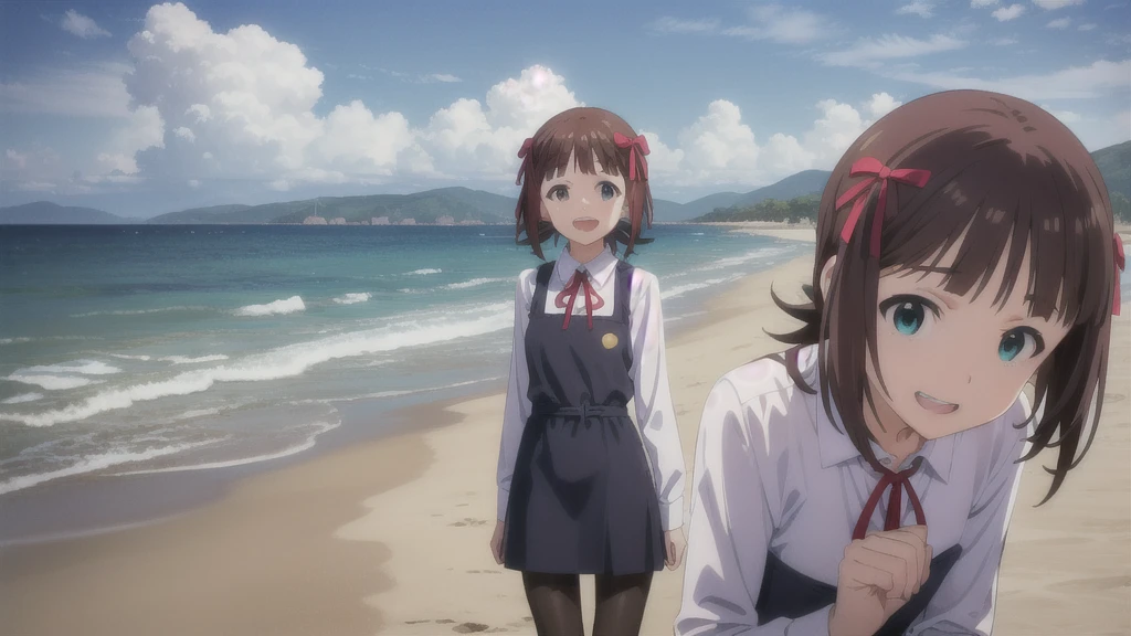 (((Pixel Perfect, Perfect in every detail))),alone,1人of女of子,Amami Haruka,red ribbons,View your viewers,smile,Happy,
Day,null,cumulus clouds,in spring,High resolution,colorful,Volumetric lighting,
depth_of_Field,alone_concentrated,depth of Field,Front view,whole body,
Teen,skinny,thin,thin,(expensive:1.1),
,(blue dress),School_uniform,length_sleeve,shirt,dress,white_shirt,襟ed_shirt,head_ribbon,apron_dress,Best,(Lace-up_boots:1.1),(black_pantyhose:1.4),Panty lines,
Outdoor,Beach,
(Skin Dentition:1.4),thin thighs,