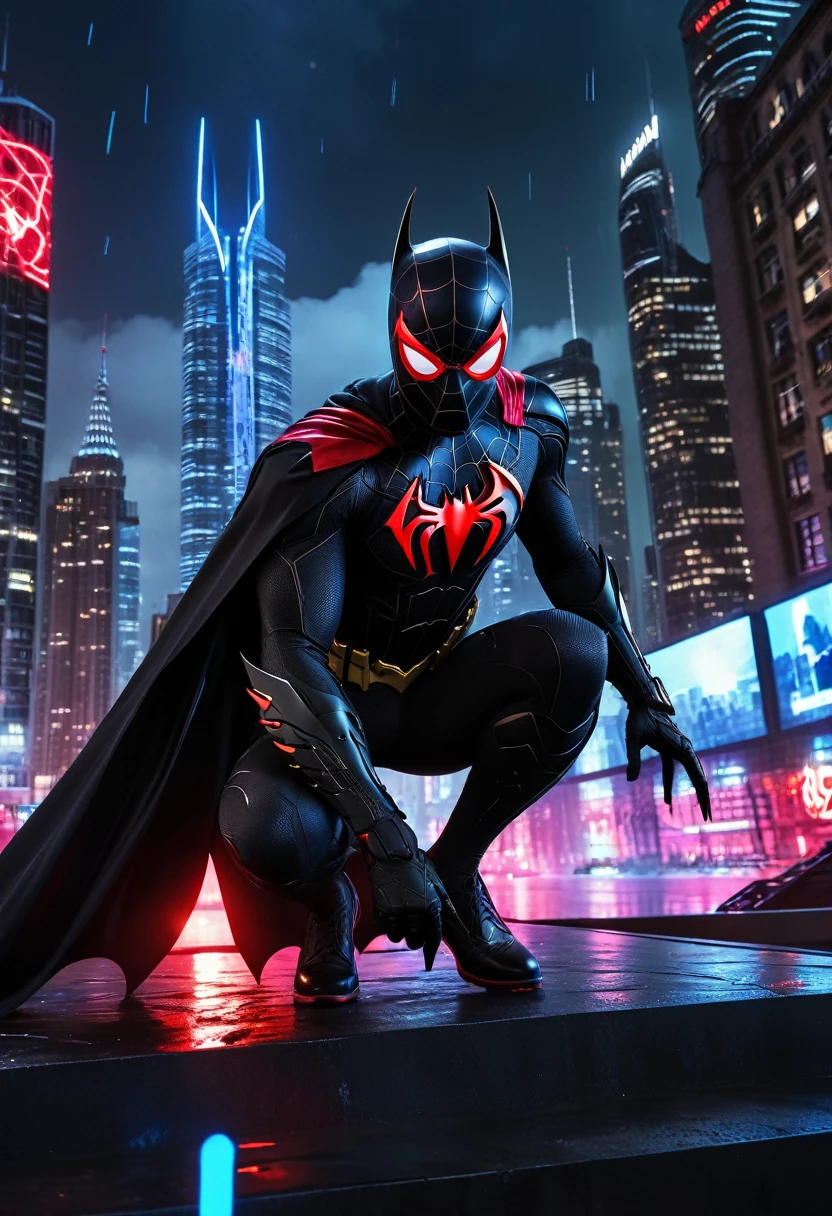 (Masterpiece artwork, 8K, uhd, high resolution: 1.4), (mix of Batman and Spider-Man: 1.3), (black costume with red and blue details: 1.2), (mask with glowing white eyes: 1.2), (spider symbol on chest, stylized with bat wings: 1.3), (flowing black cloak: 1.2), (heroic pose on top of a gothic building: 1.3), (city in the background with skyscrapers and neon lights: 1.1), (glowing webs and technological gadgets: 1.2), (dark and mysterious atmosphere: 1.3), details Intricate, (fantasy and action elements: 1.2), (dynamic and powerful perspective: 1.3)