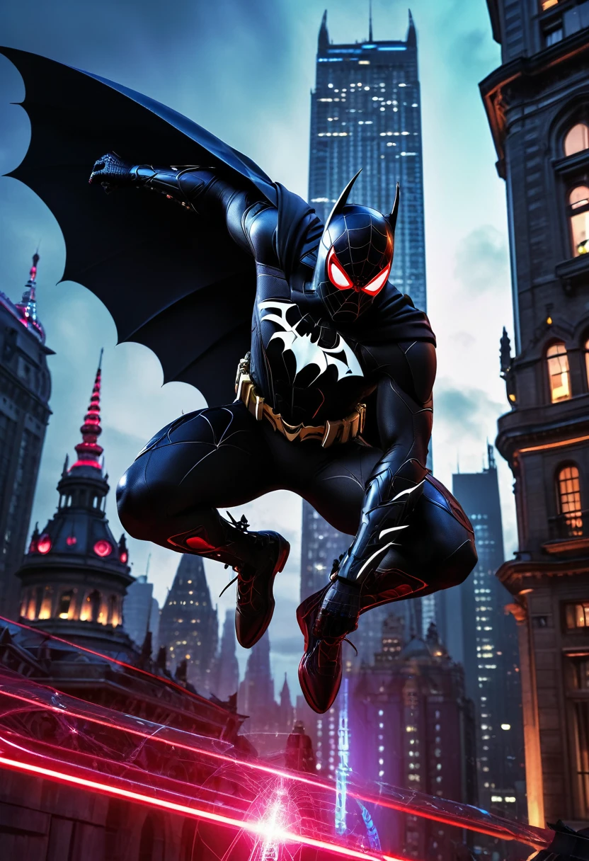 (Masterpiece artwork, 8K, uhd, high resolution: 1.4), (mix of Batman and Spider-Man: 1.3), (black costume with red and blue details: 1.2), (mask with glowing white eyes: 1.2), (spider symbol on chest, stylized with bat wings: 1.3), (flowing black cloak: 1.2), (heroic pose on top of a gothic building: 1.3), (city in the background with skyscrapers and neon lights: 1.1), (glowing webs and technological gadgets: 1.2), (dark and mysterious atmosphere: 1.3), details Intricate, (fantasy and action elements: 1.2), (dynamic and powerful perspective: 1.3)