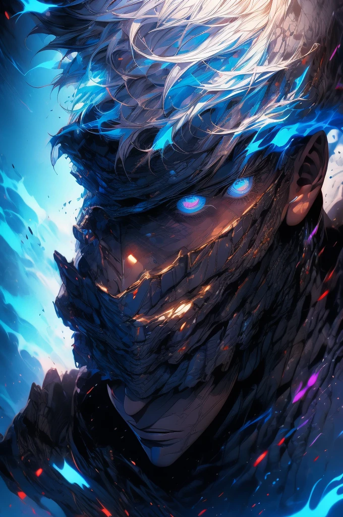 Satoru gojo, 1man, 1men, male character, white hair, glowing blue eyes, jujutsu Kaisen character, close up take, portrait take, full hd, 4k, intrincated, dinamic lights, professional digital draw.