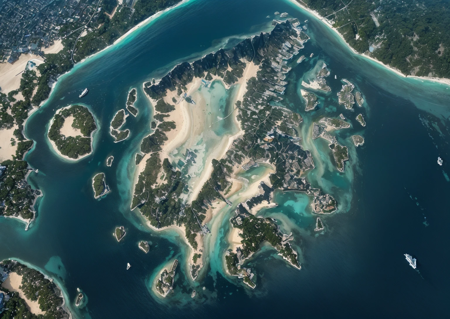 The mainland does not change, only the water surface changes. The island is surrounded by a strip of white sand that gradually spreads out to the sea. The sea surface has gentle waves and the water is as blue as the sea water in the Maldives.