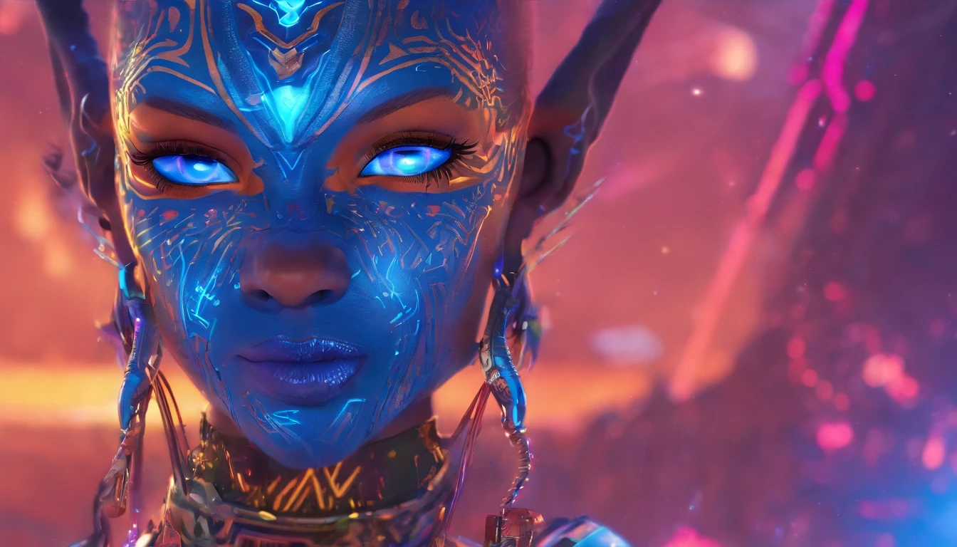 blue humanoid avatar with bioluminescent avatar markings, Spots and patterns on your skin. tribal clothing, Elf pointy ears. avatar like hair, hair-color: blackw, bright, shining blue eyes, slightly shimmering iridescent blue skin. female, warrior like, magical and mystical, detailed and realistic. Blue skin tone only. Only blue colored skin. Skin color all blue.