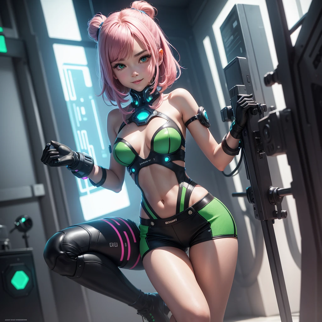 (masterpiece), (best quality), (high res) Solo, (perfect anatomy young girl (), fair skin, pink hair (shoulder length), green eyes, (skin tight idol outfit), (half naked), (blue high heels boots), (tied up shirt), (super tight mini shorts), smiling, flat chest in a futuristic space setting with a green light, cyberpunk, cyber suit, best anime 4k, cybersuits