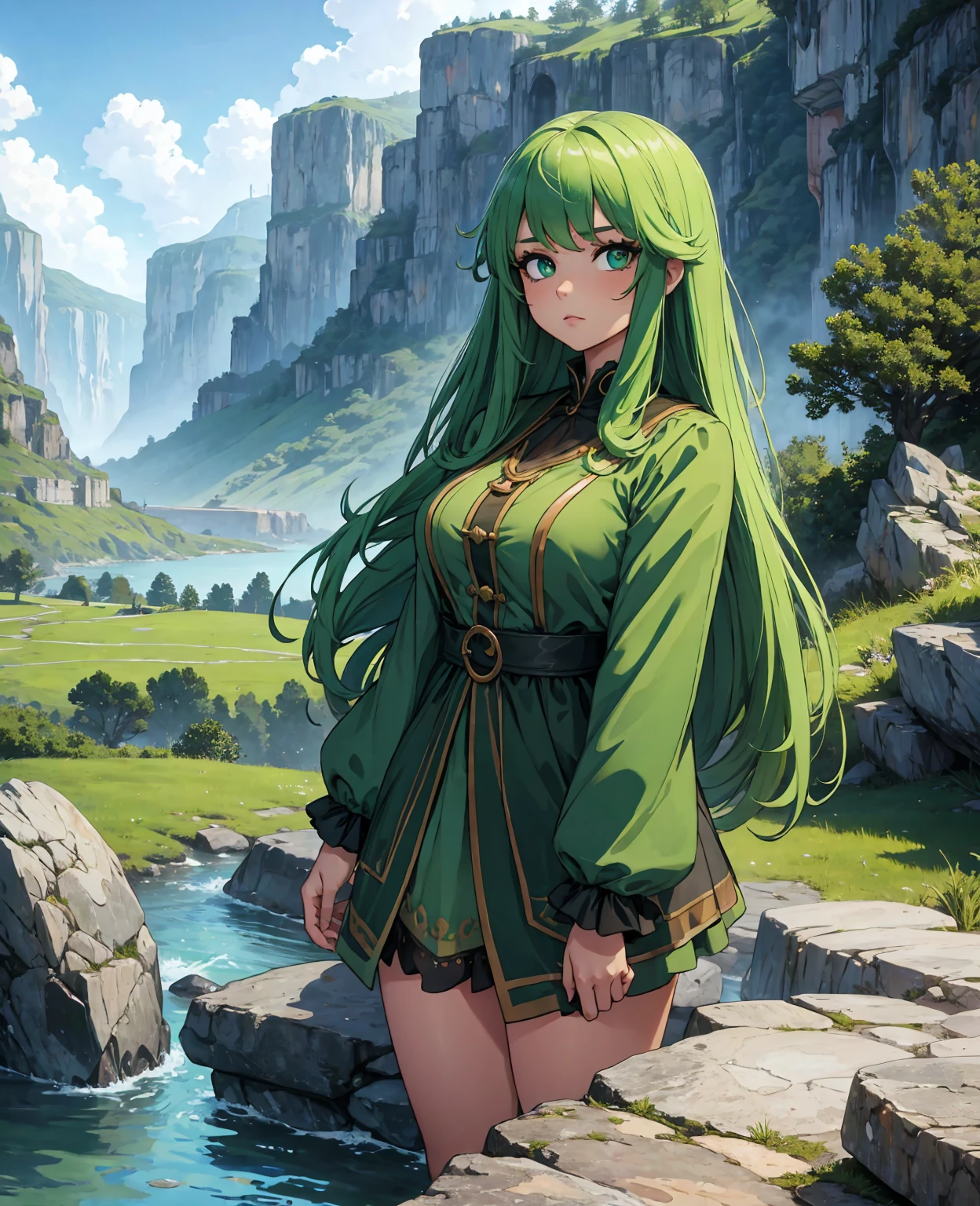 Costume, long hair, girl, big eyes, green mountains and green water,