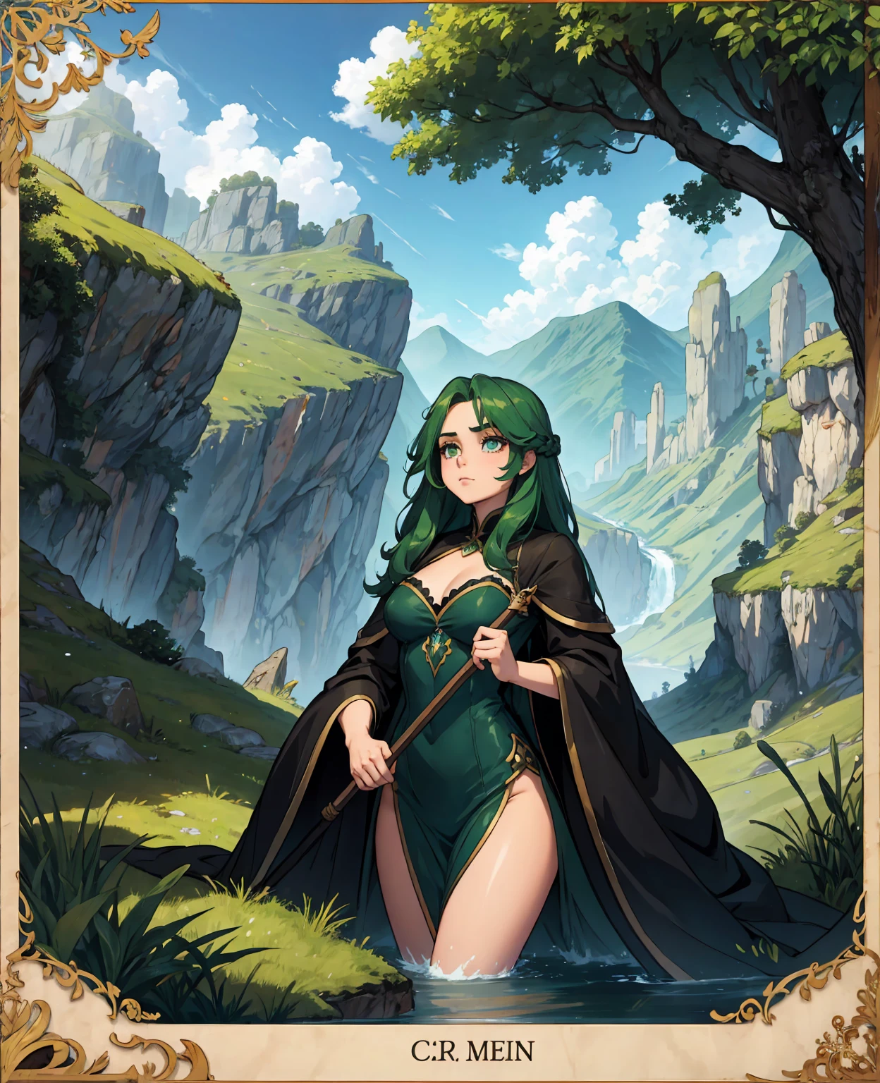 Costume, long hair, girl, big eyes, green mountains and green water,