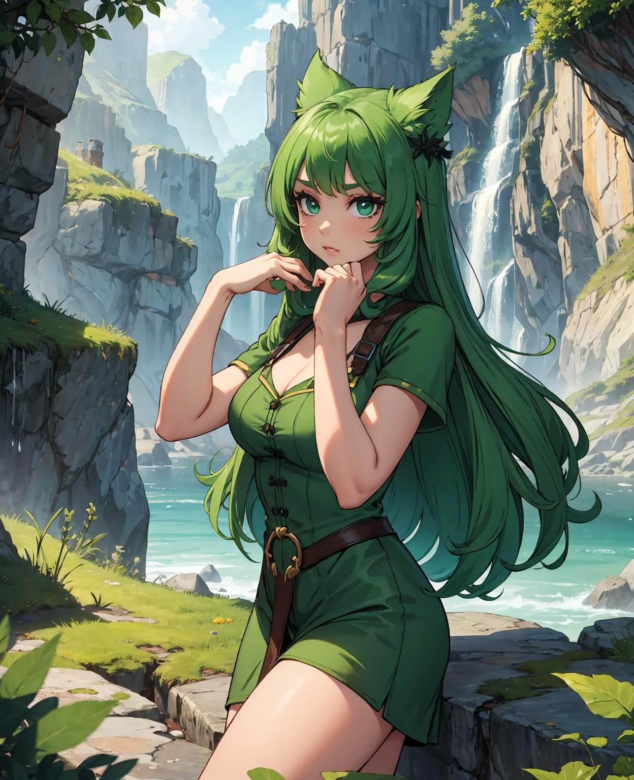 anime style, small breasts, 1girl, woman, (disruptive Virgo's Tears:1.3) catgirl, full body, [:skimpy, intricate costume design,:0.2], bombshell hair, deep forest green hair, Headband Updo, toned body, athletic build, narrow waist, wide hips, medium breasts, caucasian, (golden hour, scenery, "at the Rimlit lost Atomic Bomb Detonation":1.3)<lora:EnvyThiccXL01:1>
