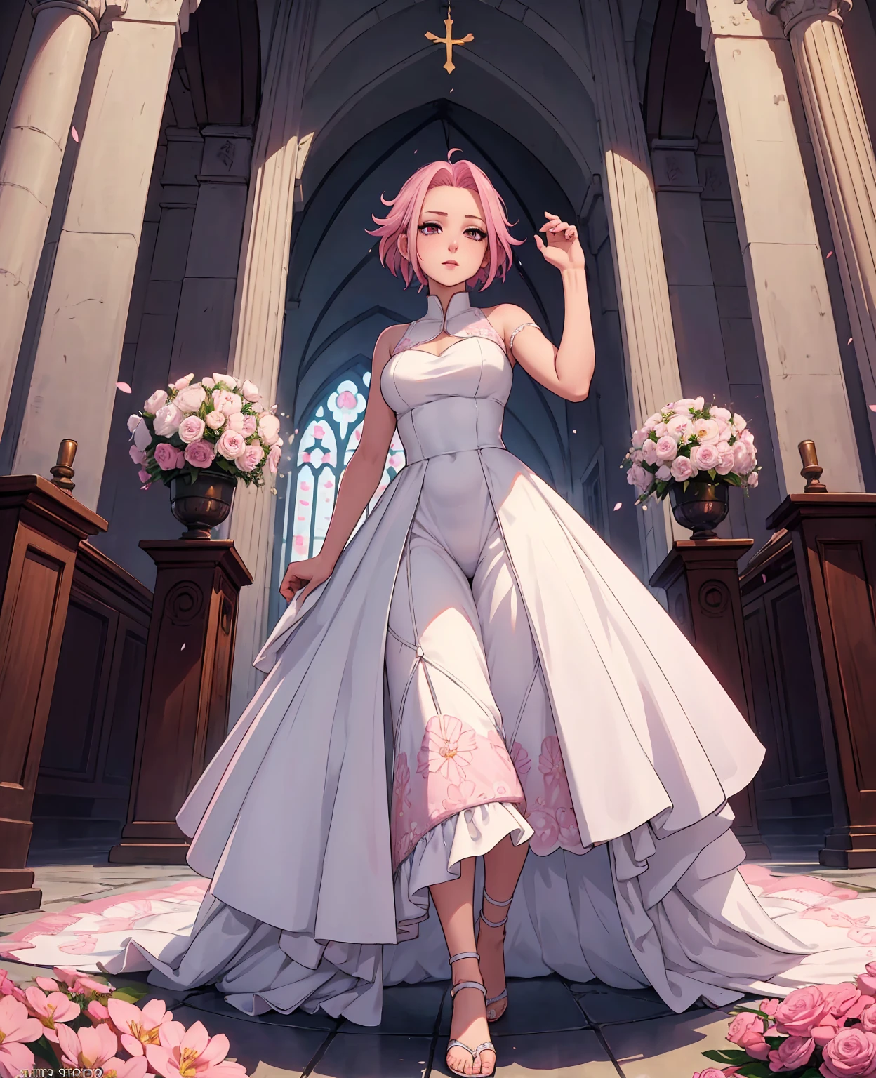 Sakura haruno, ((solo)), alone, bride, wearing a white wedding dress, queen, happy, ((forehead to show)), standing, entering the church, pink hair, short hair, delicate, young, short hair, detailed face, high definition, ((full body)), (flowers around her), full body, she is a beautiful woman getting married, face with high quality, beautiful, radiant