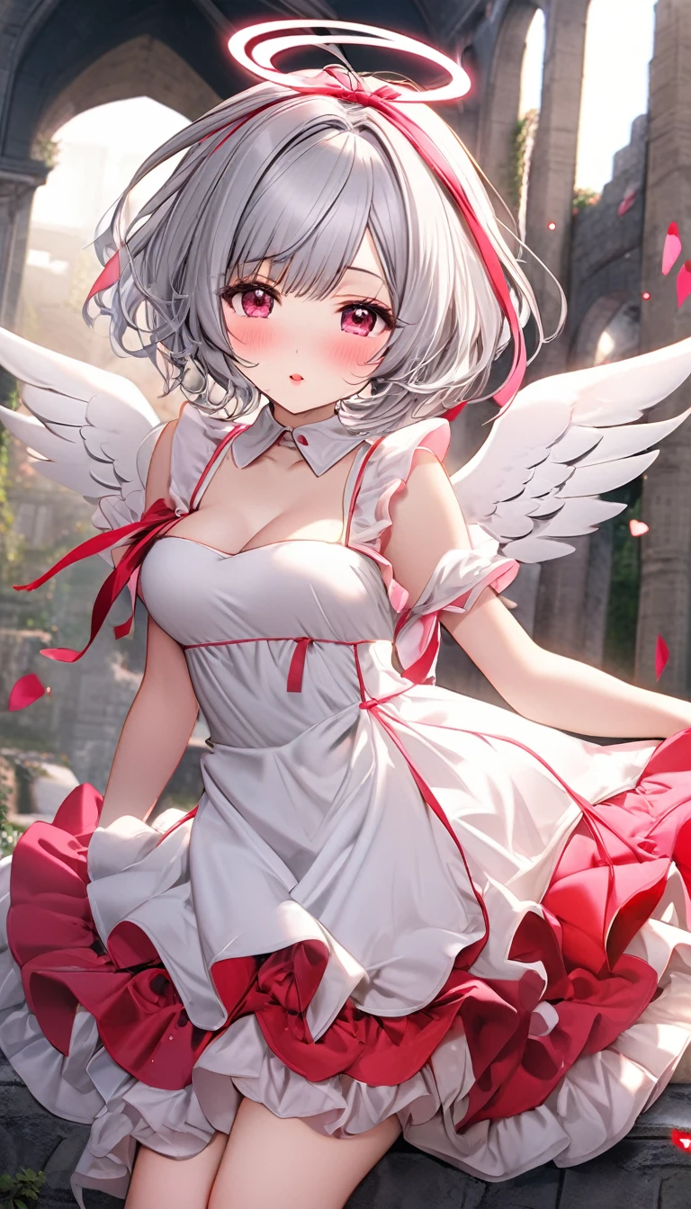 best quality, super fine, 16k, incredibly absurdres, extremely detailed, 2.5D, delicate and dynamic depiction, cute woman, silver bob cut, three ahoge, white and pink long ruffle skirt princess dress, big red ribbon on chest, angel wings, amorous and lewd expression, make-up, prime lenses, lens filters, clear subject, soft pastel color image effects, background ruins