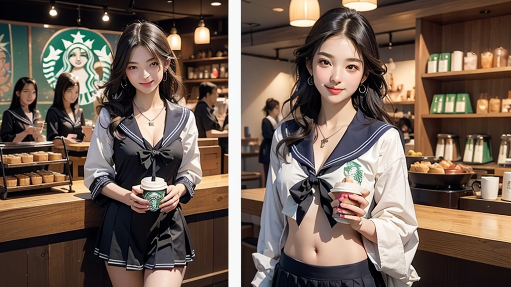 MorphStudio8k、RAW Photos、Highest quality、Super detailed、Super Resolution、Ultra HD、8k wallpaper、Amazing details
(((Inside the Starbucks store、16 year old high school girl in sailor suit)))、Eat cake、Drink coffee、smile、Heart Necklace((Emphasize cleavage))
(Full body photo)