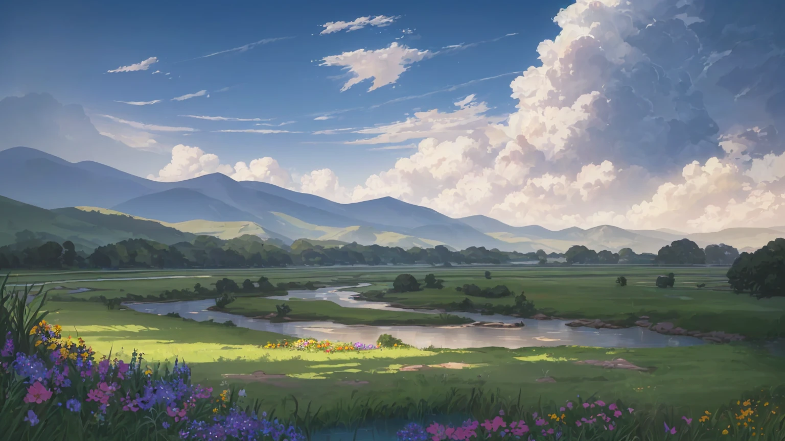 16k quality, masterpice, epic light, natural Subsurface scattering on plants, big and gorgeous skies, ultra detailed flowers with different colors in prim plan, dinamic river being by grass, contrast and joyfull and bright real-nature colors, defined flowers, proportional flowers, very bright day