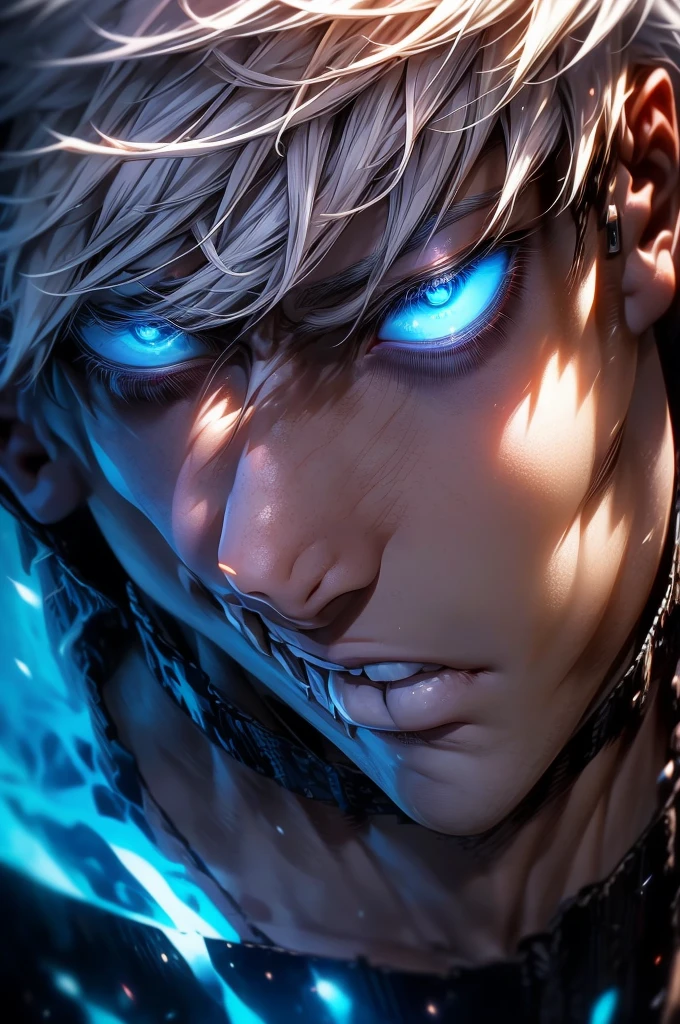 Satoru gojo, 1man, 1men, male character, white hair, glowing blue eyes, jujutsu Kaisen character, close up take, portrait take, full hd, 4k, intrincated, dinamic lights, professional digital draw.