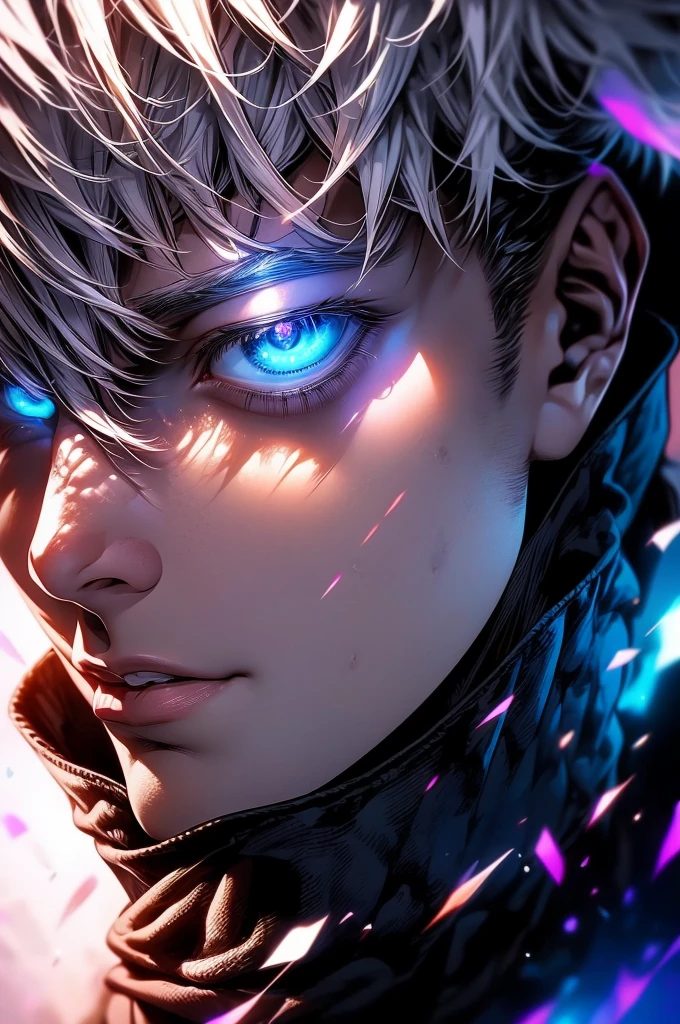 Satoru gojo, 1man, 1men, male character, white hair, glowing blue eyes, jujutsu Kaisen character, close up take, portrait take, full hd, 4k, intrincated, dinamic lights, professional digital draw.