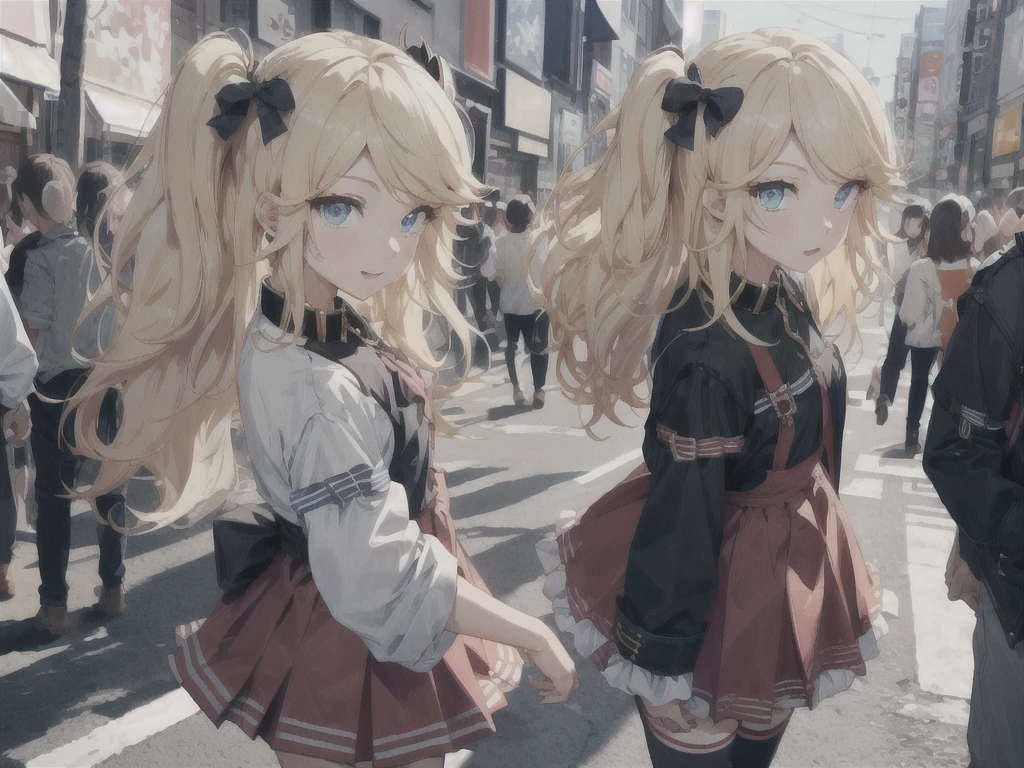 insanely detailed, absurdres, ultra-highres, ultra-detailed, best quality,
1girl, solo, (toddler, small:1.3),
BREAK
jirai kei,thighhighs, skirt, twintails, pink skirt, collar, bow, black thighhighs, black bow, long hair, pink bow, hair bow, spiked collar
BREAK
happy smile, laugh, closed mouth, standing,
from side,
cute pose, cowboy shot,
BREAK
slender, kawaii, perfect symmetrical face, ultra cute girl, ultra cute face, ultra detailed eyes, ultra detailed hair, ultra cute, ultra beautiful,
BREAK
in harajuku, shibuya, tokyo, street, crowd, cityscape,
BREAK
medium breasts,
(blonde medium hair, blue eyes:1.3), hime cut