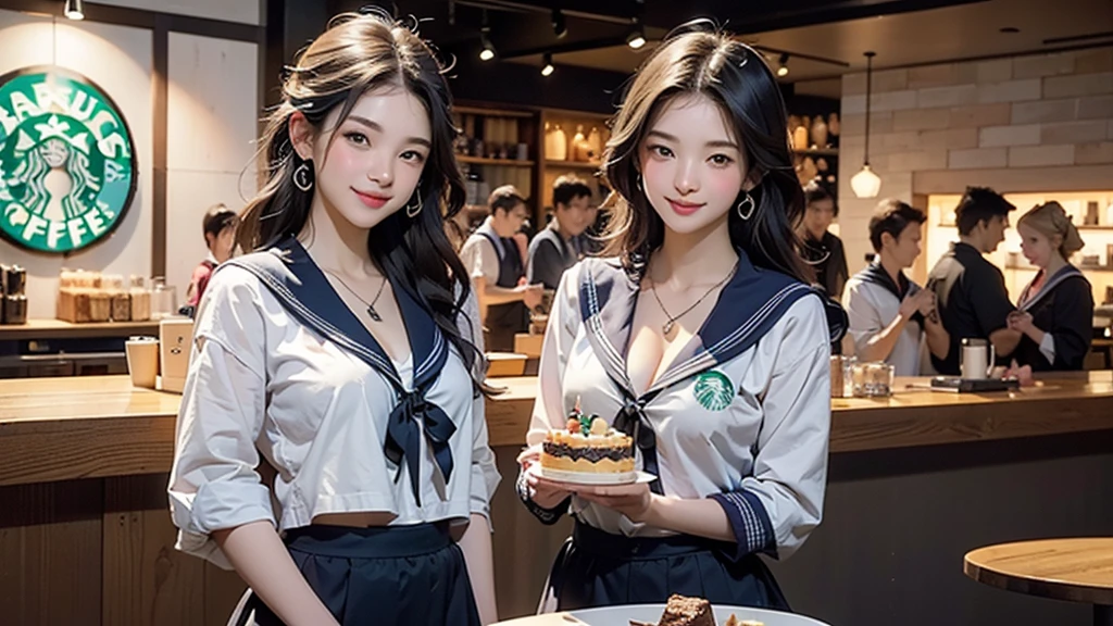 8K、RAW Photos、Highest quality、Super detailed、Super Resolution、Ultra HD、8K壁紙、Amazing details
(((Inside the Starbucks store、16 year old high school girl in sailor suit)))、Eat cake、Drink coffee、smile、Heart Necklace((Emphasize cleavage))
(Full body photo)
