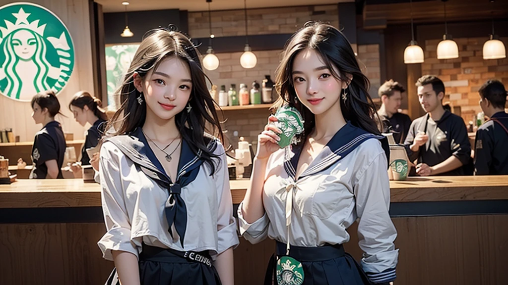 8K、RAW Photos、Highest quality、Super detailed、Super Resolution、Ultra HD、8K壁紙、Amazing details
(((Inside the Starbucks store、16 year old high school girl in sailor suit)))、Eat cake、Drink coffee、smile、Heart Necklace((Emphasize cleavage))
(Full body photo)
