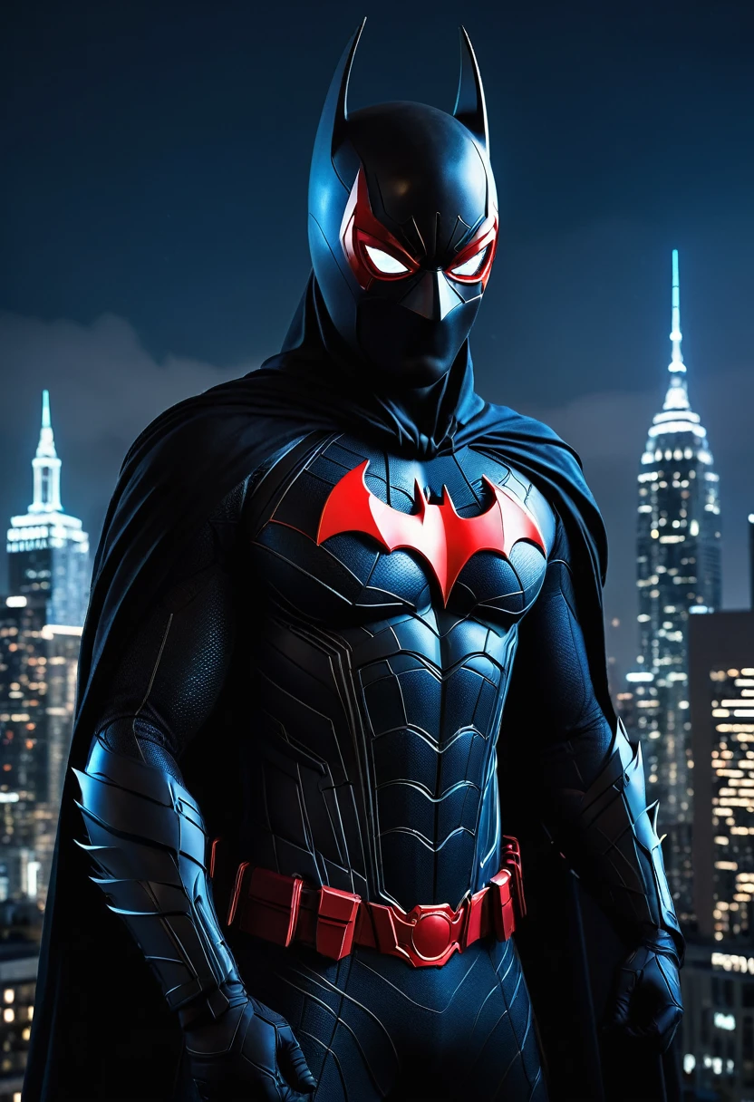 (Masterpiece artwork, 8K, uhd, high resolution: 1.4), (mix of Batman and Spider-Man: 1.3), (black costume with red and blue details: 1.2), (mask with glowing white eyes: 1.2), (spider symbol on chest, stylized with bat wings: 1.3), (flowing black cloak: 1.2), (heroic pose on top of a gothic building: 1.3), (city in the background with skyscrapers and neon lights: 1.1), (glowing webs and technological gadgets: 1.2), (dark and mysterious atmosphere: 1.3), details Intricate, (fantasy and action elements: 1.2), (dynamic and powerful perspective: 1.3)