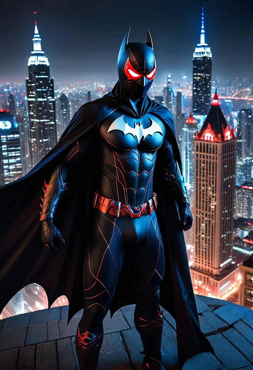 (Masterpiece artwork, 8K, uhd, high resolution: 1.4), (mix of Batman and Spider-Man: 1.3), (black costume with red and blue details: 1.2), (mask with glowing white eyes: 1.2), (spider symbol on chest, stylized with bat wings: 1.3), (flowing black cloak: 1.2), (heroic pose on top of a gothic building: 1.3), (city in the background with skyscrapers and neon lights: 1.1), (glowing webs and technological gadgets: 1.2), (dark and mysterious atmosphere: 1.3), details Intricate, (fantasy and action elements: 1.2), (dynamic and powerful perspective: 1.3)