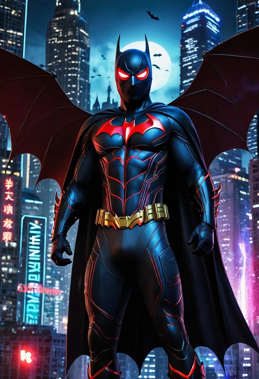 (Masterpiece artwork, 8K, uhd, high resolution: 1.4), (mix of Batman and Spider-Man: 1.3), (black costume with red and blue details: 1.2), (mask with glowing white eyes: 1.2), (spider symbol on chest, stylized with bat wings: 1.3), (flowing black cloak: 1.2), (heroic pose on top of a gothic building: 1.3), (city in the background with skyscrapers and neon lights: 1.1), (glowing webs and technological gadgets: 1.2), (dark and mysterious atmosphere: 1.3), details Intricate, (fantasy and action elements: 1.2), (dynamic and powerful perspective: 1.3)