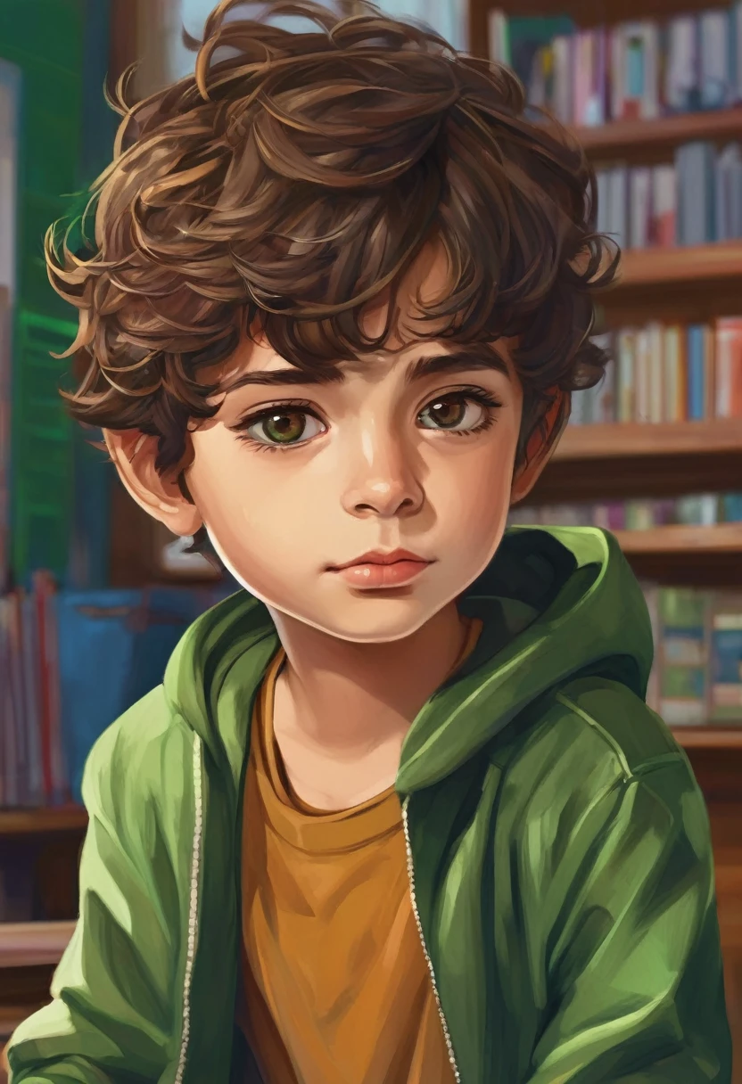 ((best qualityer)), ((work of art)), (detailded), 1 boy with slightly light dark skin, short wavy hair, brown dark eyes, green sweatshirt and jeans in a setting reminiscent of a classroom