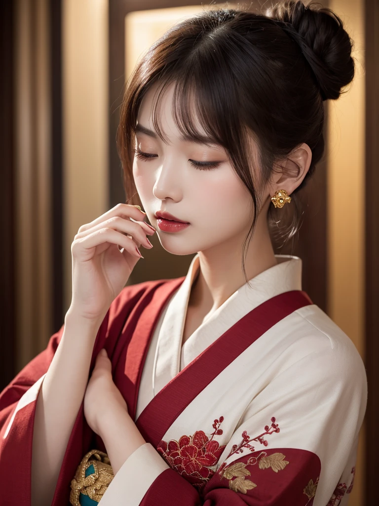 Highly detailed digital painting of a young woman with dark hair tied up in a messy bun。She is wearing a traditional red and black kimono.、It features intricate gold embroidery of mythical creatures.。Her eyes are closed、She has a calm yet sad look accentuated with dramatic red eyeshadow and lipstick。She touches his chin lightly with her delicate fingers.、He also has a tattoo on his finger。She has multiple piercings in her ears、Unique and gorgeous earrings dangled、It adds to her mystique。Detailed tattoos on neck and shoulders、It blends seamlessly into the design of the kimono.。The background is a vibrant red、It highlights her pale skin and the intricate details of her outfit and accessories.。The lighting is soft、Shadows that emphasize the contours of the face and body、It creates a moody and emotional atmosphere.。