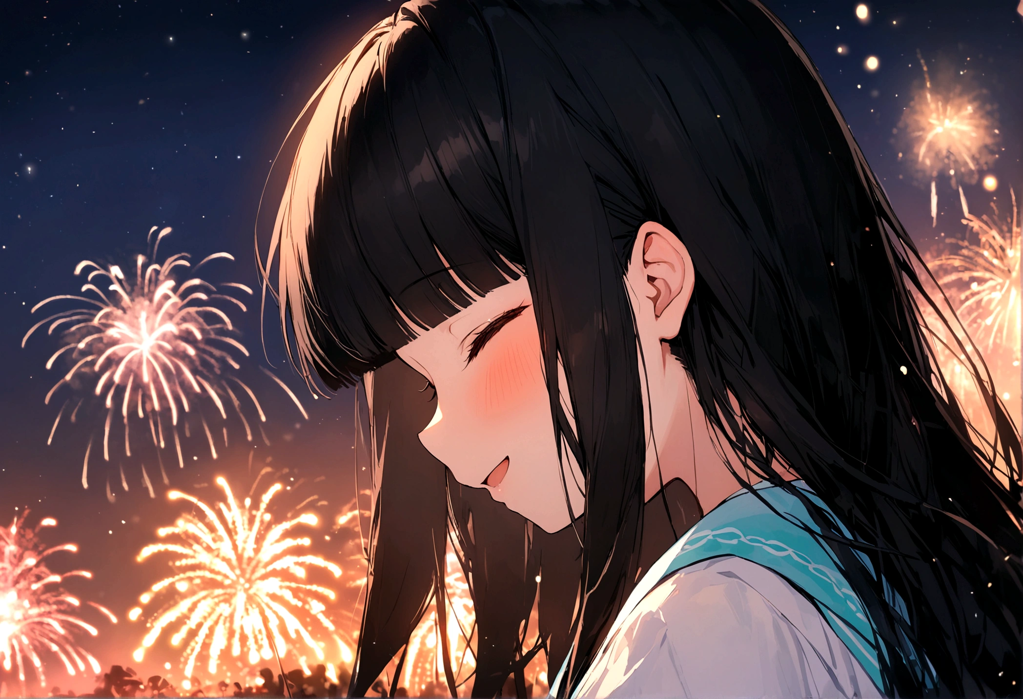 panoramic, (many:1.4 detailed beautiful fireworks) (background summer night sky, many fireworks and Particles of light), ((profile solo)) ( yo, blunt bangs black hair long hair cute shrine maiden girl, lovely closed eyes, ecstasy smile), break, in the fireworks festival field, BREAK, perfect anatomy, masterpiece, best quality, 16k, beautiful detailed grow, daydreaming expression.