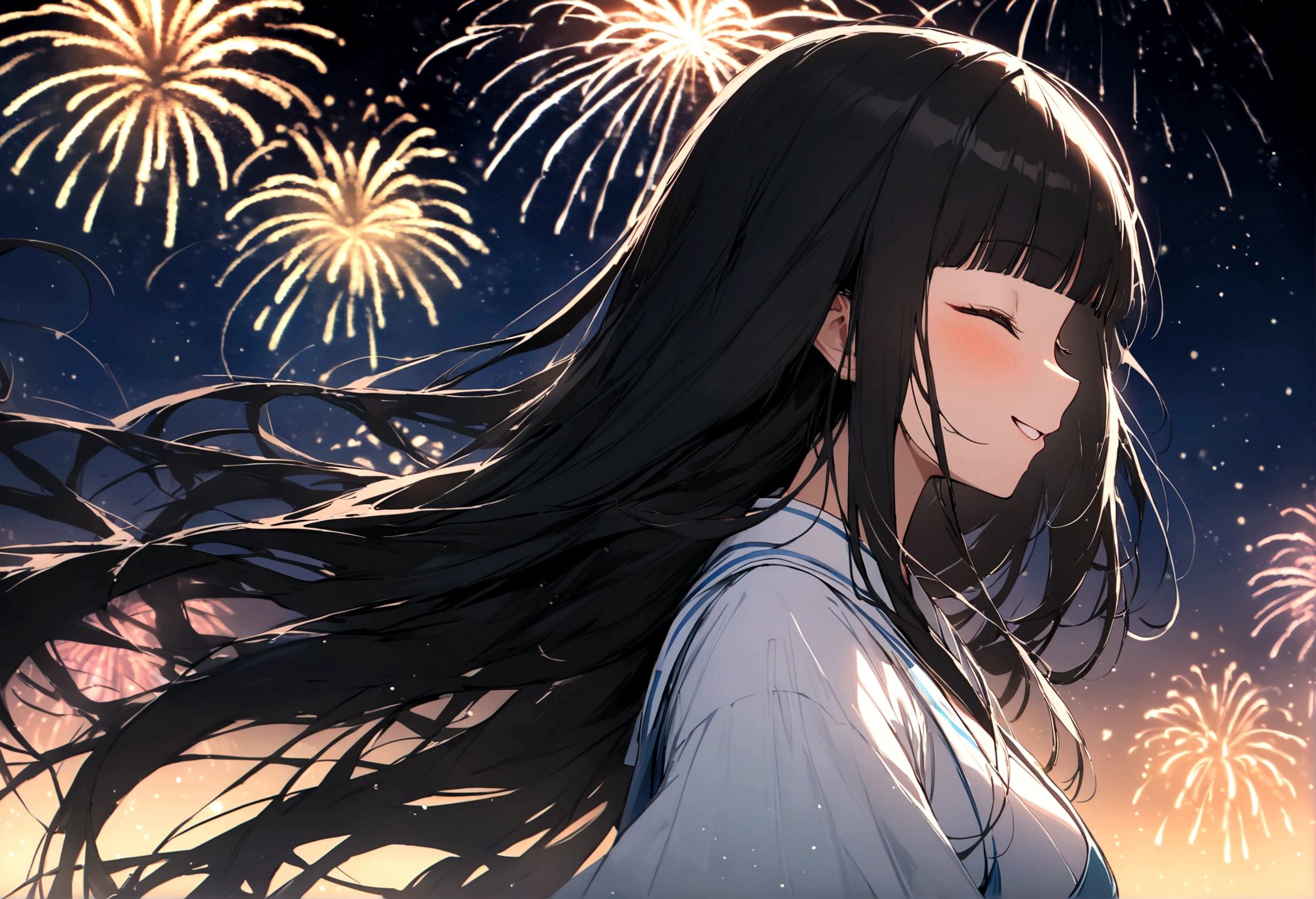 panoramic, (many:1.4 detailed beautiful fireworks) (background summer night sky, many fireworks and Particles of light), ((profile solo)) (15 yo, blunt bangs black hair long hair cute shrine maiden girl, lovely closed eyes, ecstasy smile), break, in the fireworks festival field, BREAK, perfect anatomy, masterpiece, best quality, 16k, beautiful detailed grow, daydreaming expression.