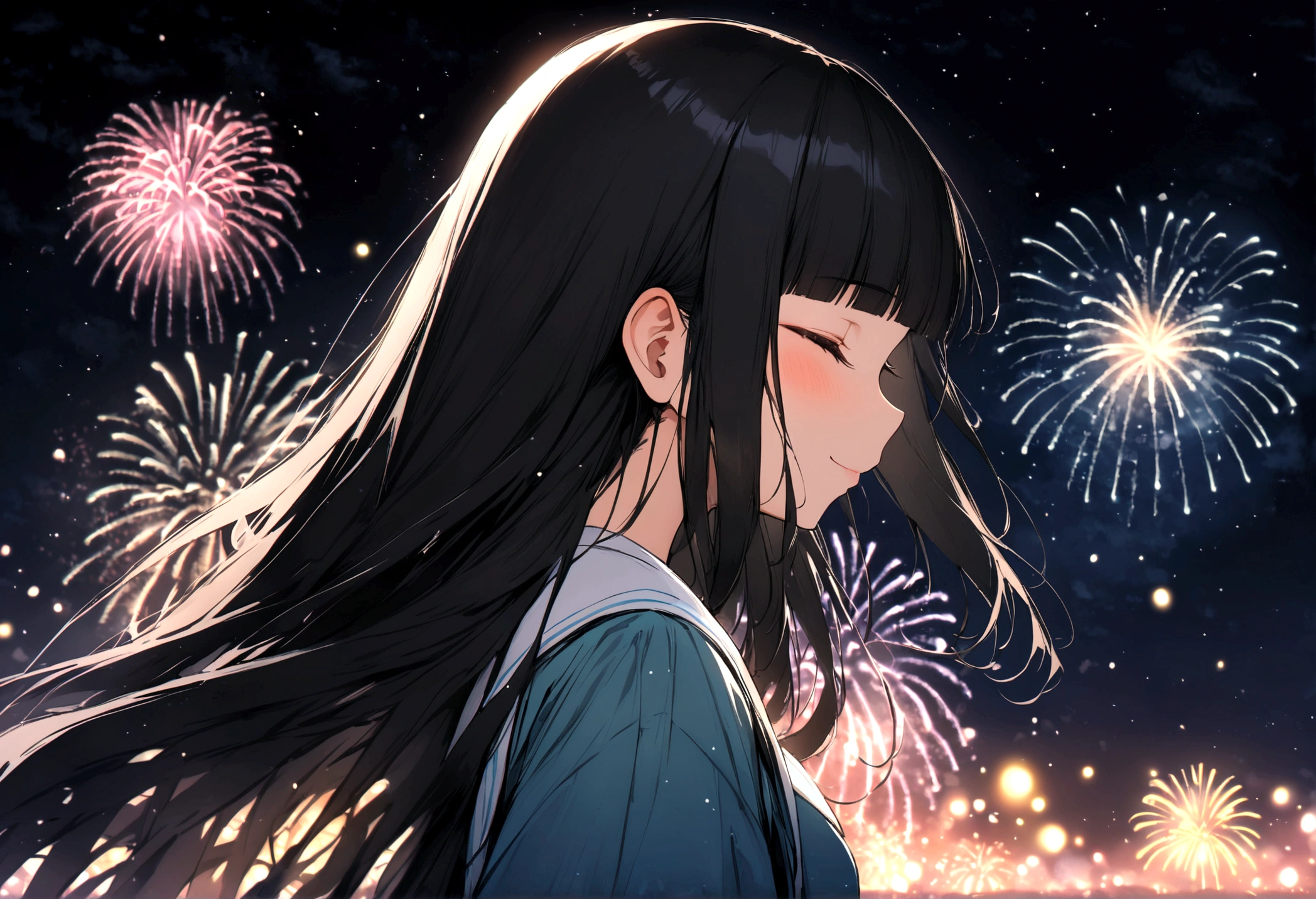panoramic, (many:1.4 detailed beautiful fireworks) (background summer night sky, many fireworks and Particles of light), ((profile solo)) (15 yo, blunt bangs black hair long hair cute shrine maiden girl, lovely closed eyes, ecstasy smile), break, in the fireworks festival field, BREAK, perfect anatomy, masterpiece, best quality, 16k, beautiful detailed grow, daydreaming expression.
