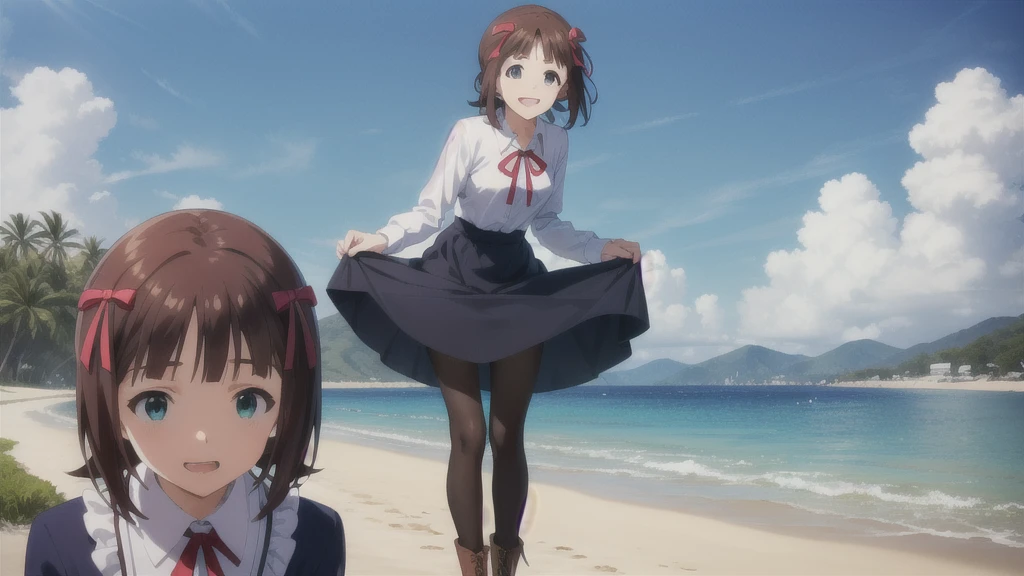 (((Pixel Perfect, Perfect in every detail))),alone,1人of女of子,Amami Haruka,red ribbons,View your viewers,smile,Happy,
Day,null,cumulus clouds,in spring,High resolution,colorful,Volumetric lighting,
depth_of_Field,alone_concentrated,depth of Field,Front view,whole body,
Teen,skinny,thin,thin,(expensive:1.1),
,(blue dress),School_uniform,length_sleeve,shirt,dress,white_shirt,襟ed_shirt,head_ribbon,apron_dress,Best,(Lace-up_boots:1.1),(black_pantyhose:1.4),Panty lines,
Outdoor,Beach,
(Skin Dentition:1.4),thin thighs,