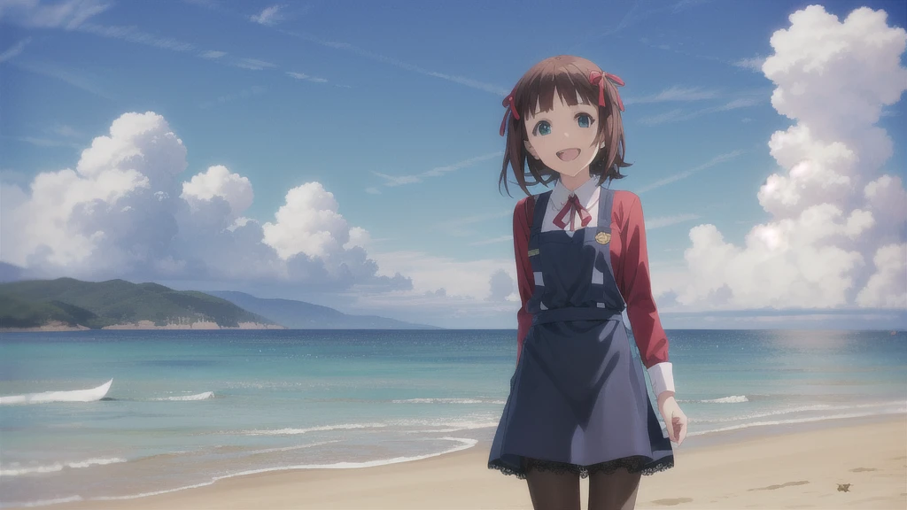 (((Pixel Perfect, Perfect in every detail))),alone,1人of女of子,Amami Haruka,red ribbons,View your viewers,smile,Happy,
Day,null,cumulus clouds,in spring,High resolution,colorful,Volumetric lighting,
depth_of_Field,alone_concentrated,depth of Field,Front view,whole body,
Teen,skinny,thin,thin,(expensive:1.1),
,(blue dress),School_uniform,length_sleeve,shirt,dress,white_shirt,襟ed_shirt,head_ribbon,apron_dress,Best,(Lace-up_boots:1.1),(black_pantyhose:1.4),Panty lines,
Outdoor,Beach,
(Skin Dentition:1.4),thin thighs,