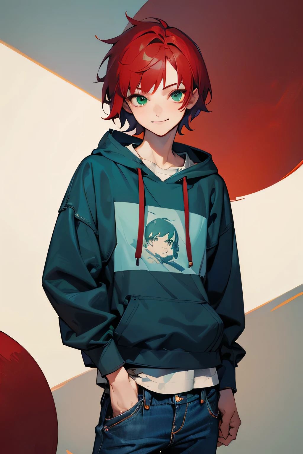 1girl, red hair , messy short hair, , blue jeans ,hoddie, shirt , smiling expression , best generation , masterpiece quality , Young , blue Casual Clothing , green eyes, lean build, male body shape. Flat, longer face, male face.