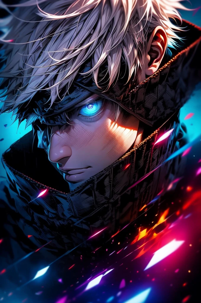 Satoru gojo, 1man, 1men, male character, white hair, glowing blue eyes, jujutsu Kaisen character, close up take, portrait take, full hd, 4k, intrincated, dinamic lights, professional digital draw.