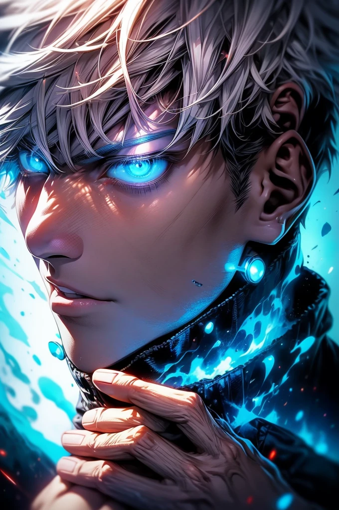 Satoru gojo, 1man, 1men, male character, white hair, glowing blue eyes, jujutsu Kaisen character, close up take, portrait take, full hd, 4k, intrincated, dinamic lights, professional digital draw.