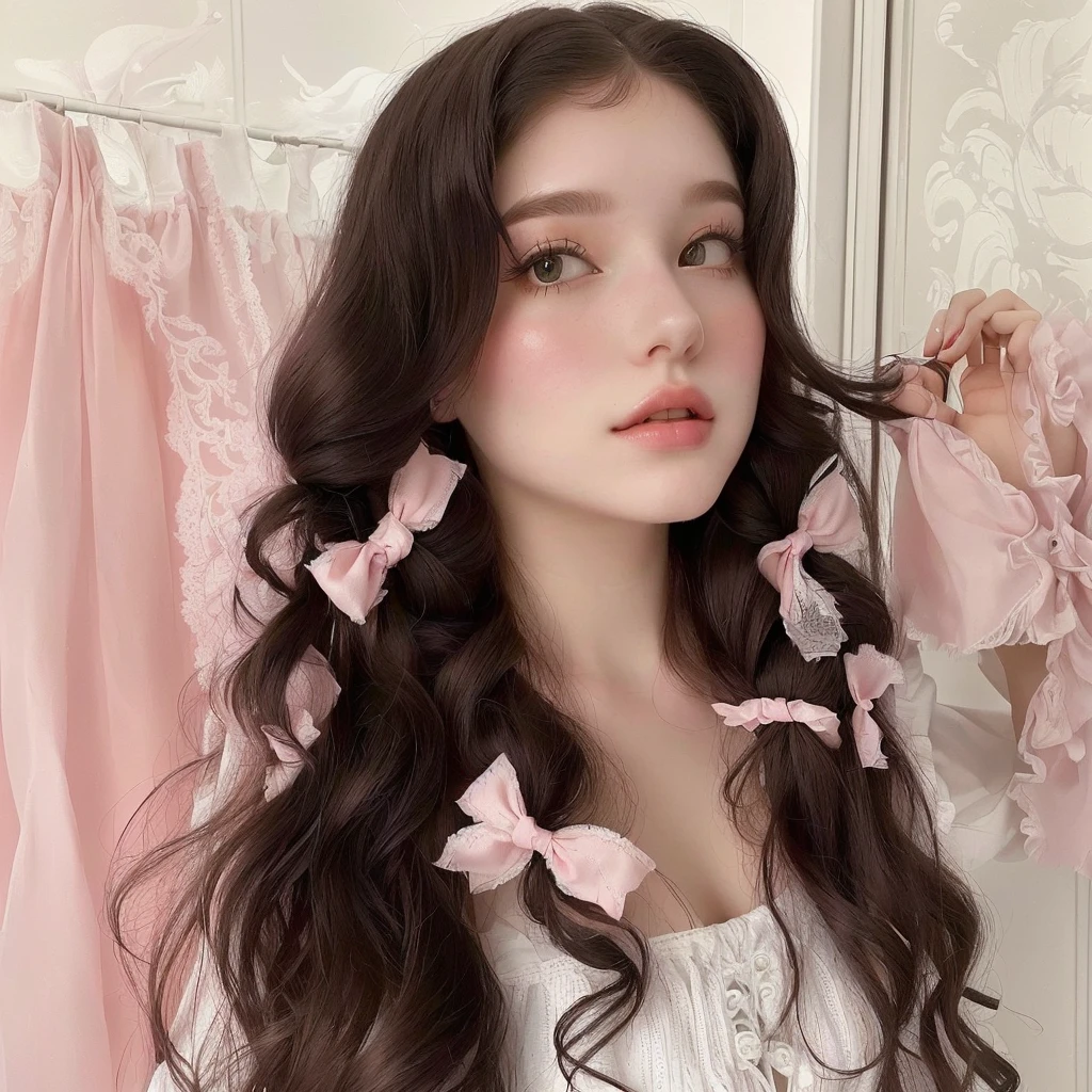 there is a woman with long hair and a white dress, wearing a pink hair bow, ribbon in her hair, pigtails hairstyle, with long curly hair, giant pink curls, beautiful dolphin, Anna Nikonova aka Newmilky, using hair bow, cute aesthetic with flutter, with long curly, curtain bangs, two pigtails hairstyle, Kailee Mandel